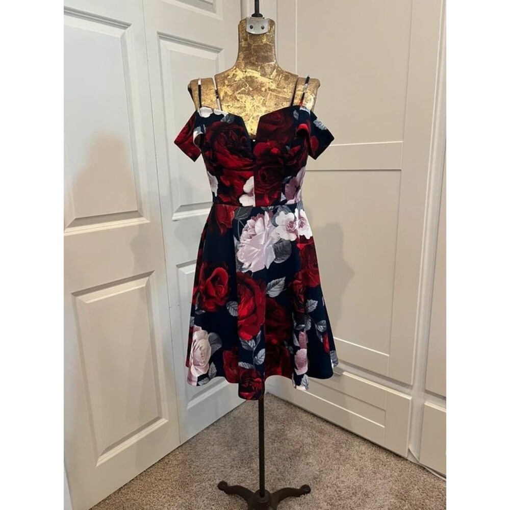 City Studio Cocktail Dress Fit & Flare Off-Shoulder Blue White Red Floral